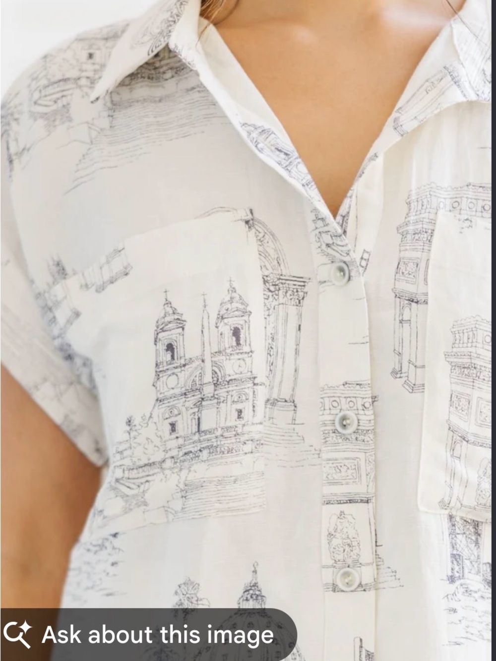 Fate White Short-Sleeve Button-Down Shirt with Black Architectural Print